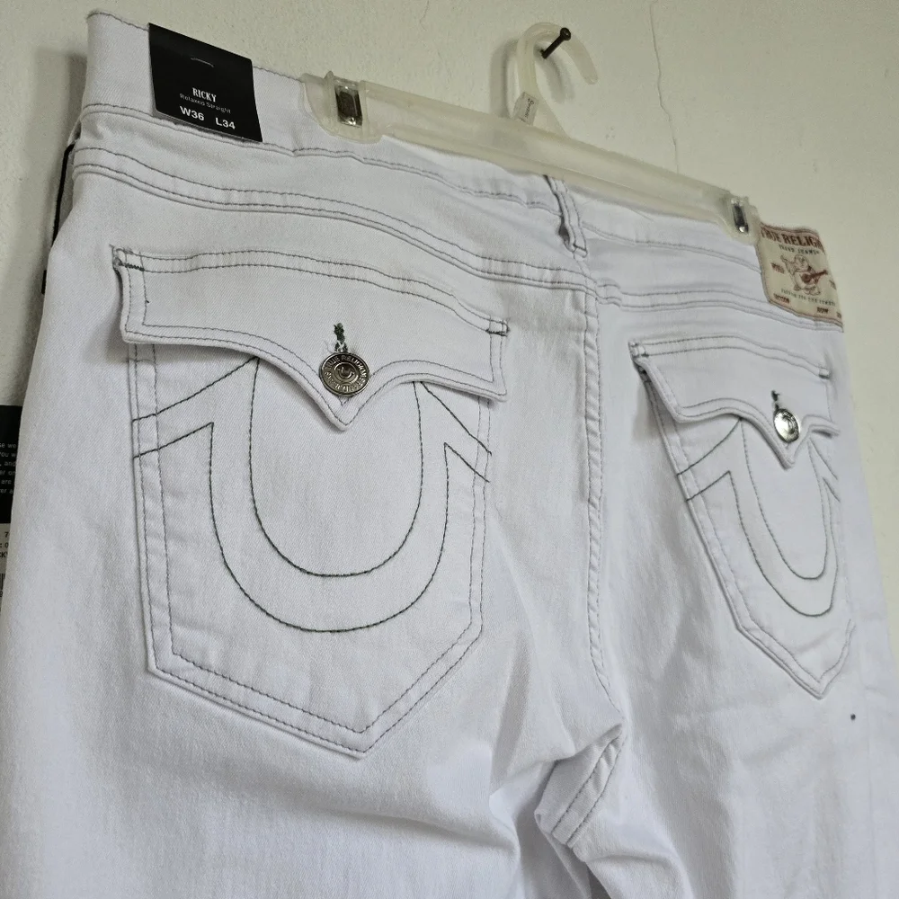 NWT True Religion White Ricky Flap Straight Leg Jeans Size 36